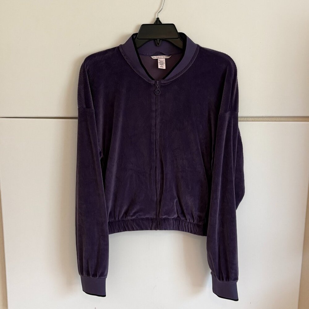 Victoria's Secret Woman Velour Corduroy Zipper Purple Bomber Jacket Size Large